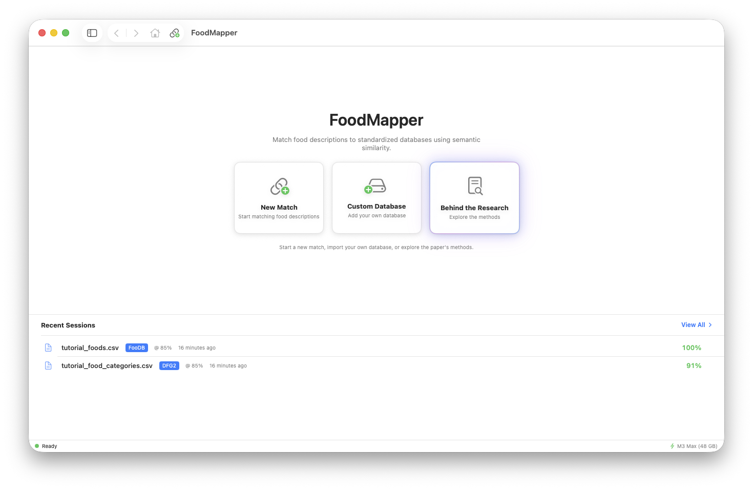 FoodMapper home screen showing match setup and configuration