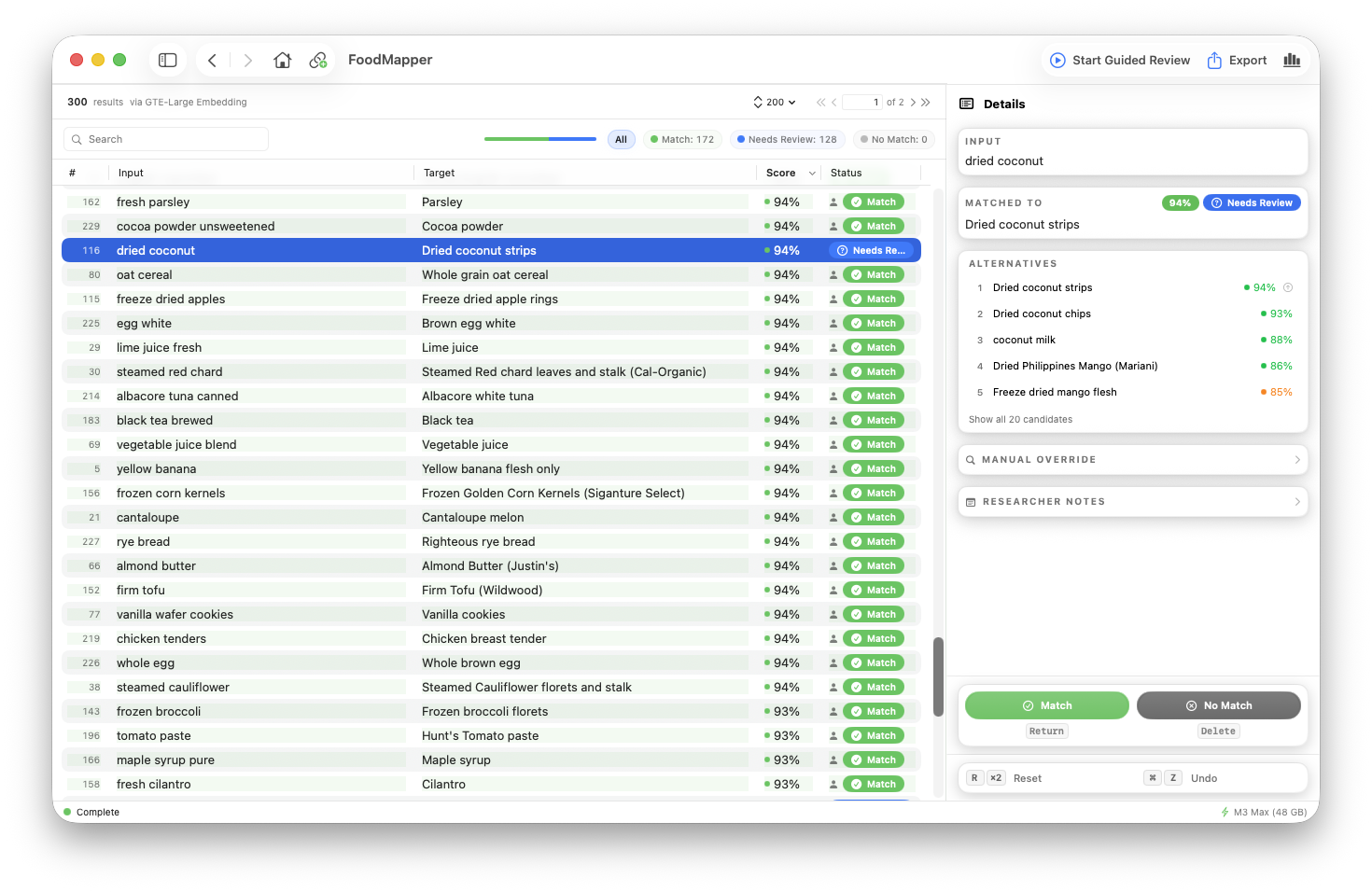 Results table with inspector panel showing match details and candidate list